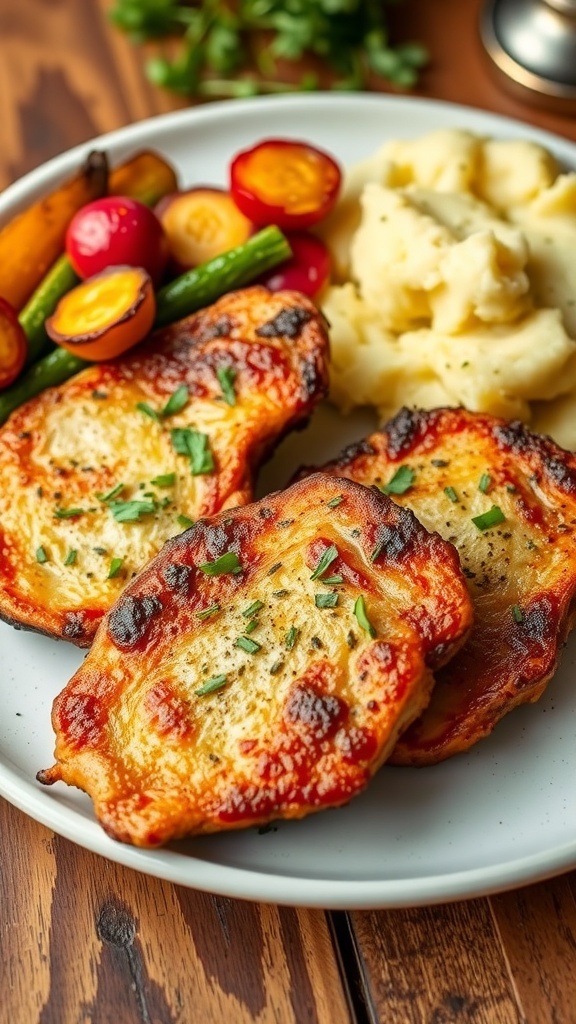 Crispy air fryer thin pork chops garnished with herbs, served with roasted vegetables and mashed potatoes.